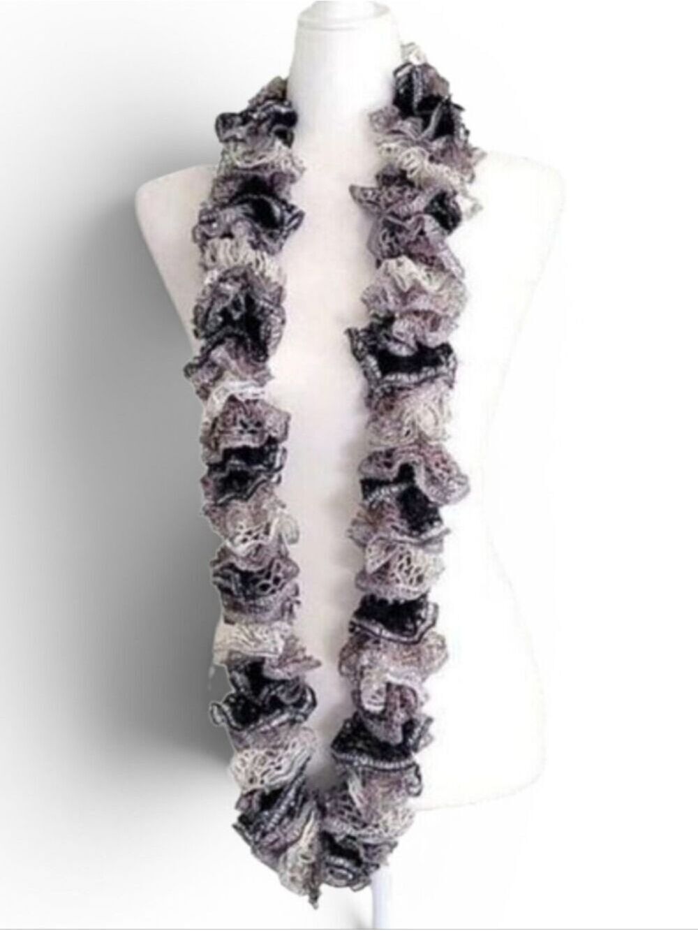 Handmade infinity black and gray ruffle soft scarf